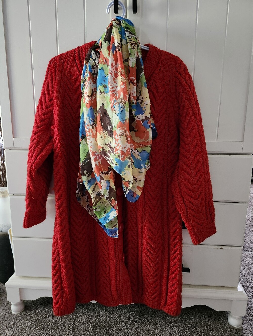 Handmade Women's Red Cable Knit Button-Front Cardigan W Silk Scarf Sz M/L